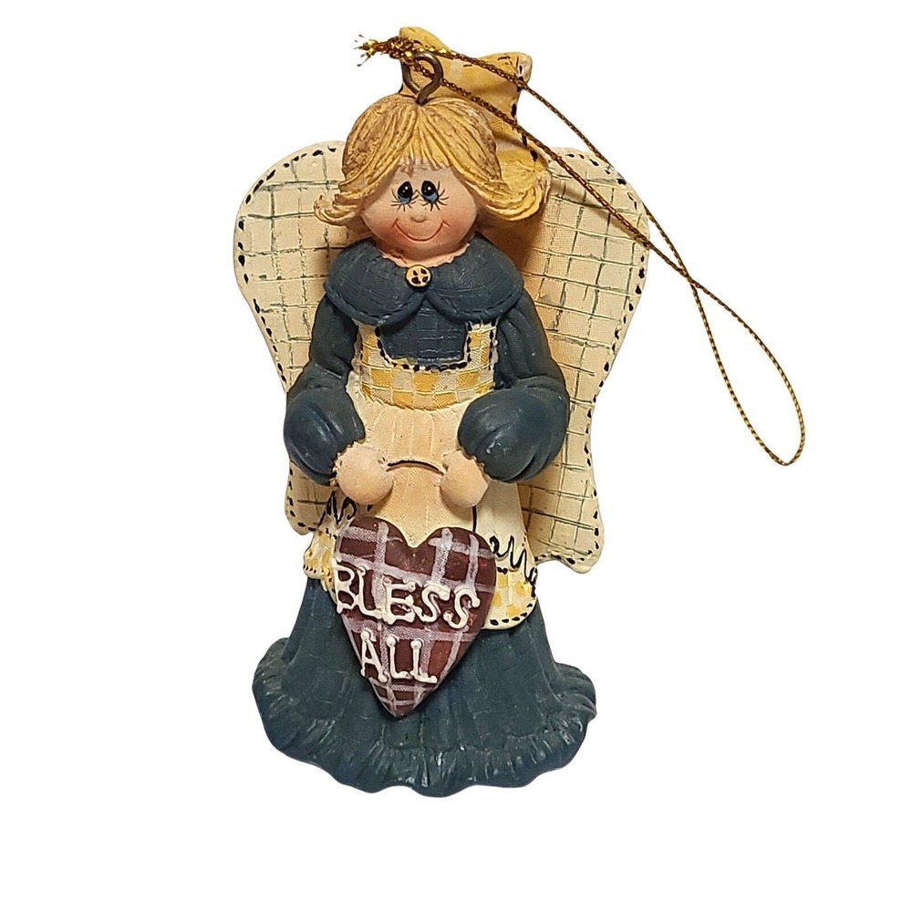 Angel Ornament Bless All Heart Figurine Hand Painted Rustic Christmas Decor